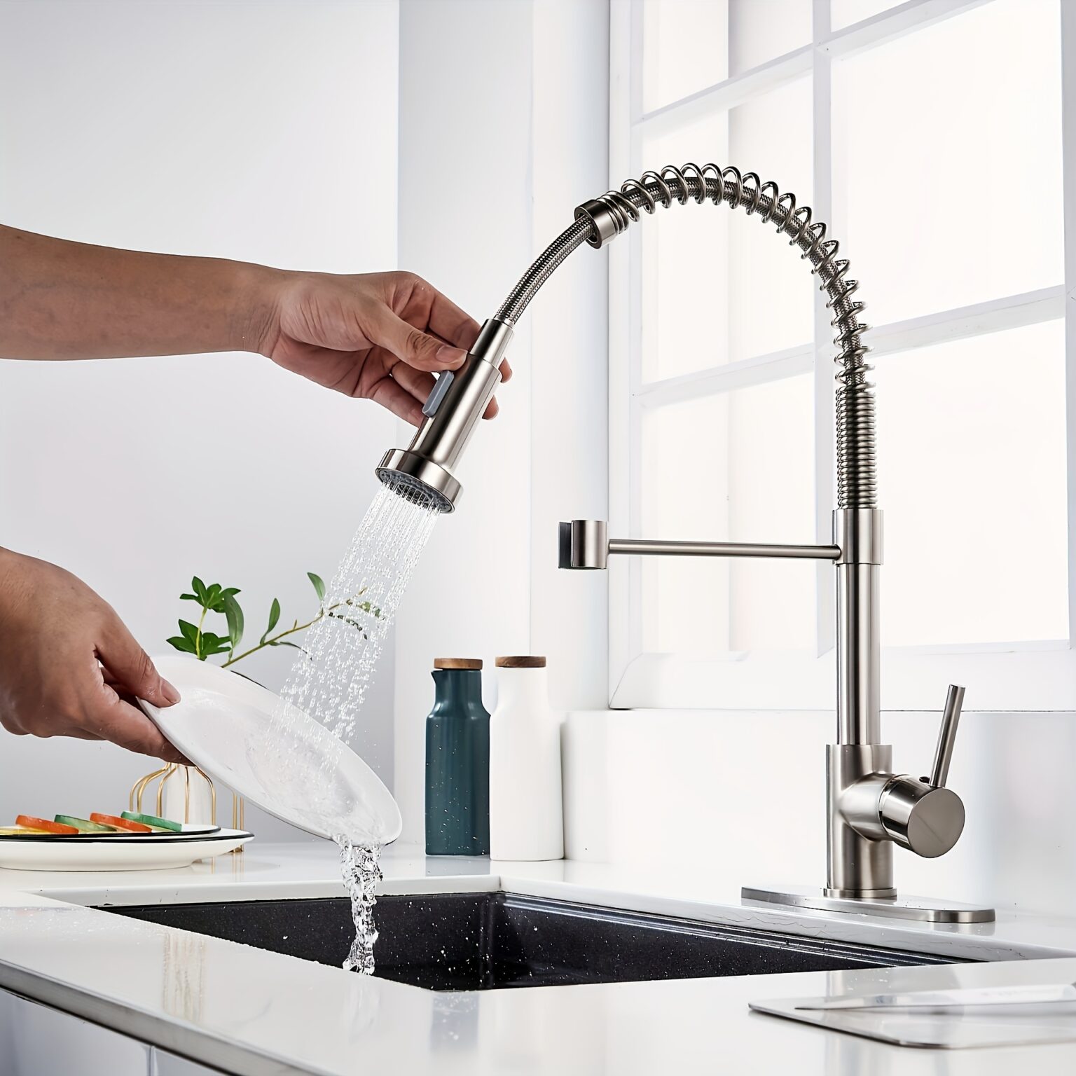 Luxury Pull-Down Kitchen Faucet with 360° Swivel Dual-Mode Spray and Flexible Spring Design
