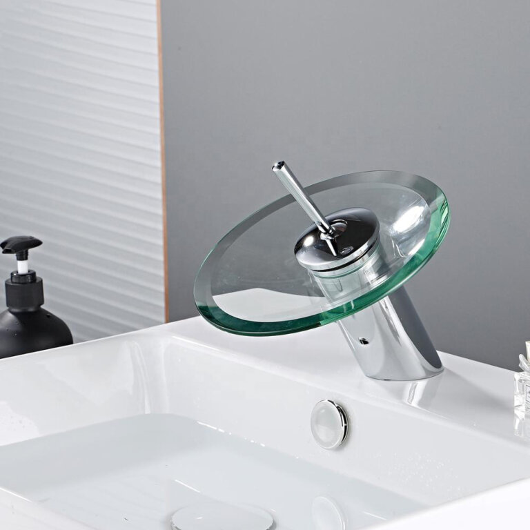 Waterfall Glass Faucet - Stylish Disc Design for Bathroom Sinks, Modern Luxury Home Décor Faucet